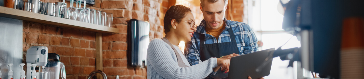 Small Business owners reviewing a laptop together 